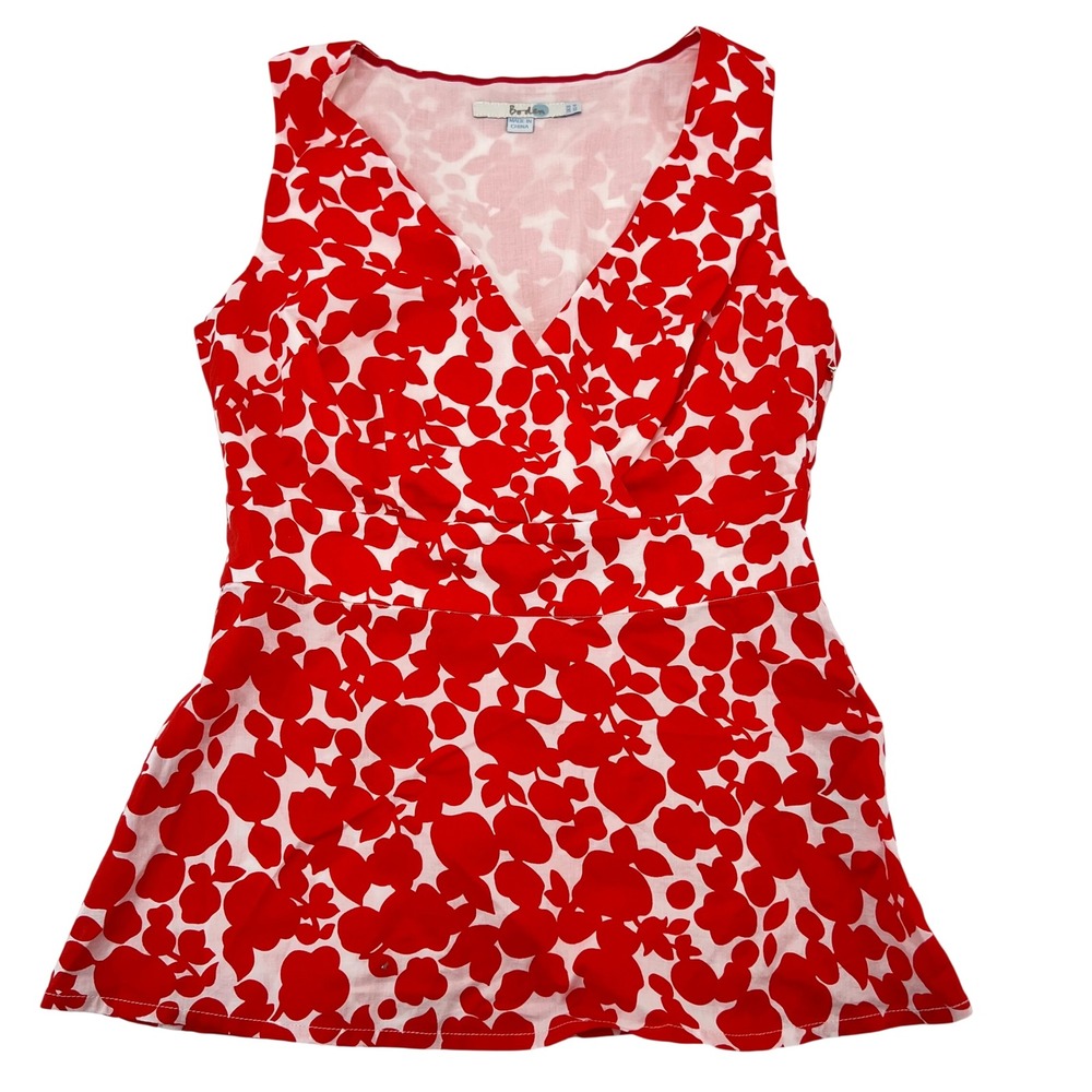 Boden Red White Floral Wrap Peplum Sleeveless Top V-Neck Size US 4 UK 8